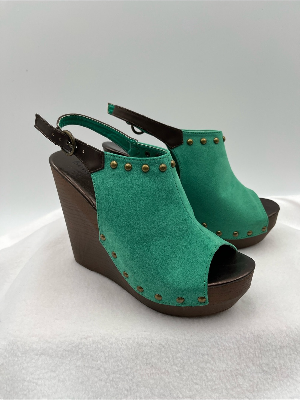 Bonnibel Sea Green Suede Peep-Toe Slingback Wedge Sandals with Studs
